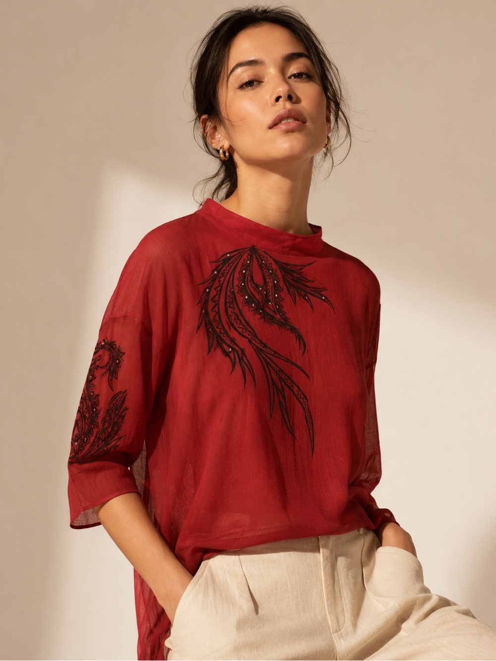 Bob Mackie Wearable Art Red Embellished Mesh Layered Top XL